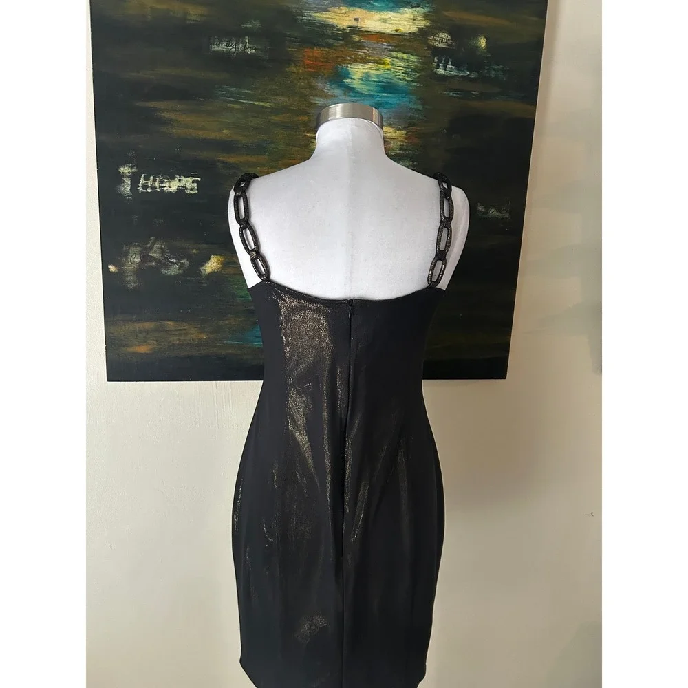 RARE Zula Studio Cocktail Dress 8 Black Gold Metallic Chain Strap Sheath